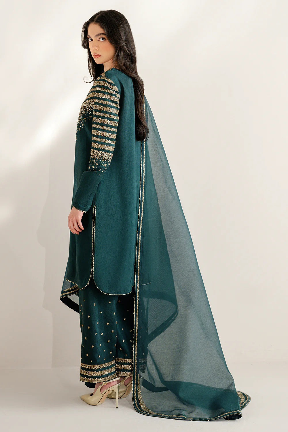 03 Piece Embroidered  Raw Silk Suit - Ready  To Wear