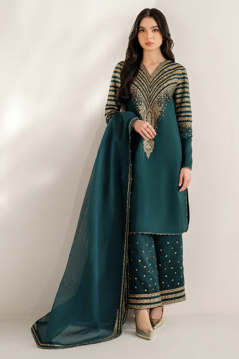 03 Piece Embroidered  Raw Silk Suit - Ready  To Wear