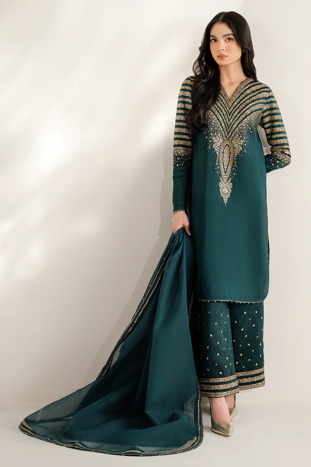 03 Piece Embroidered  Raw Silk Suit - Ready  To Wear
