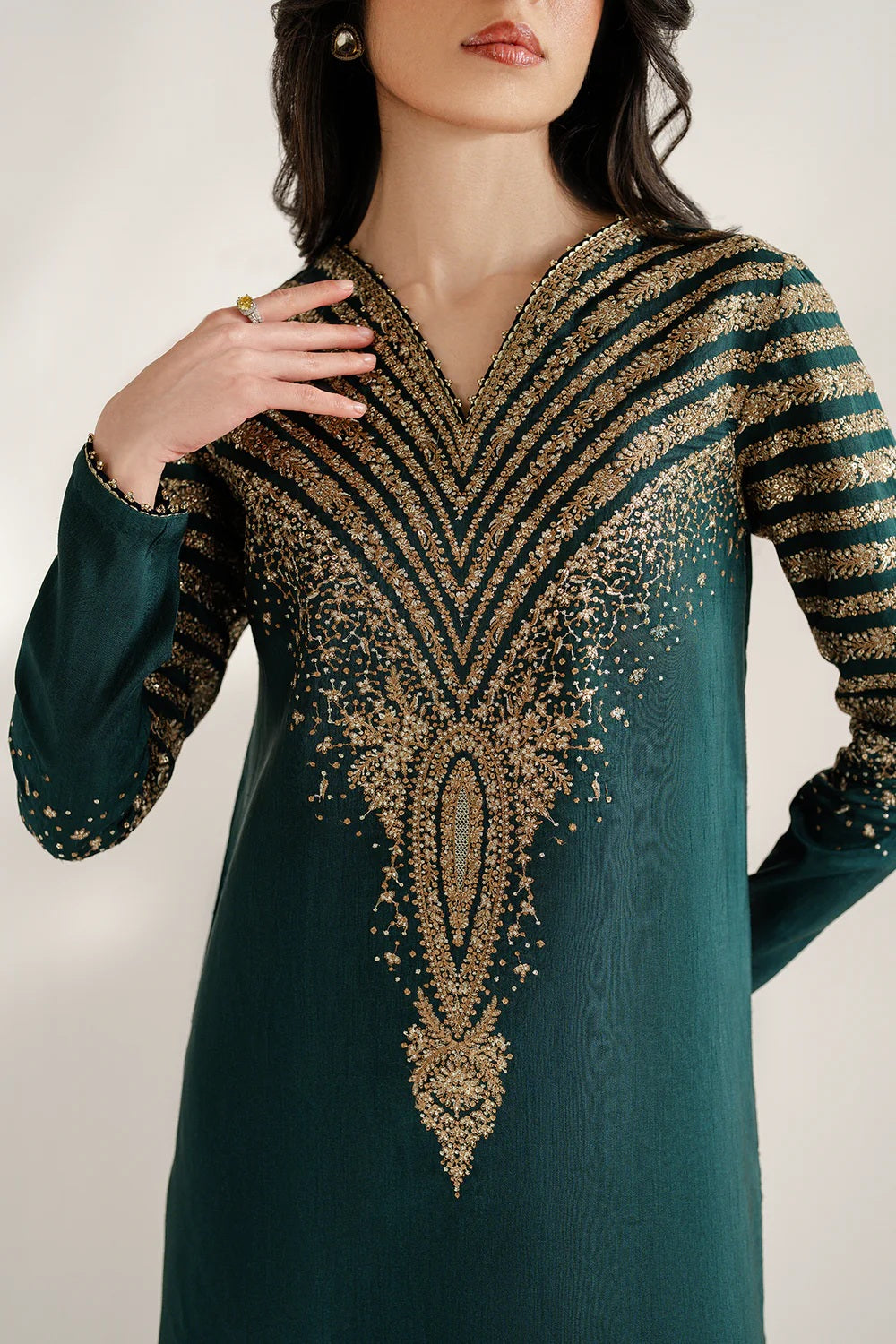 03 Piece Embroidered  Raw Silk Suit - Ready  To Wear