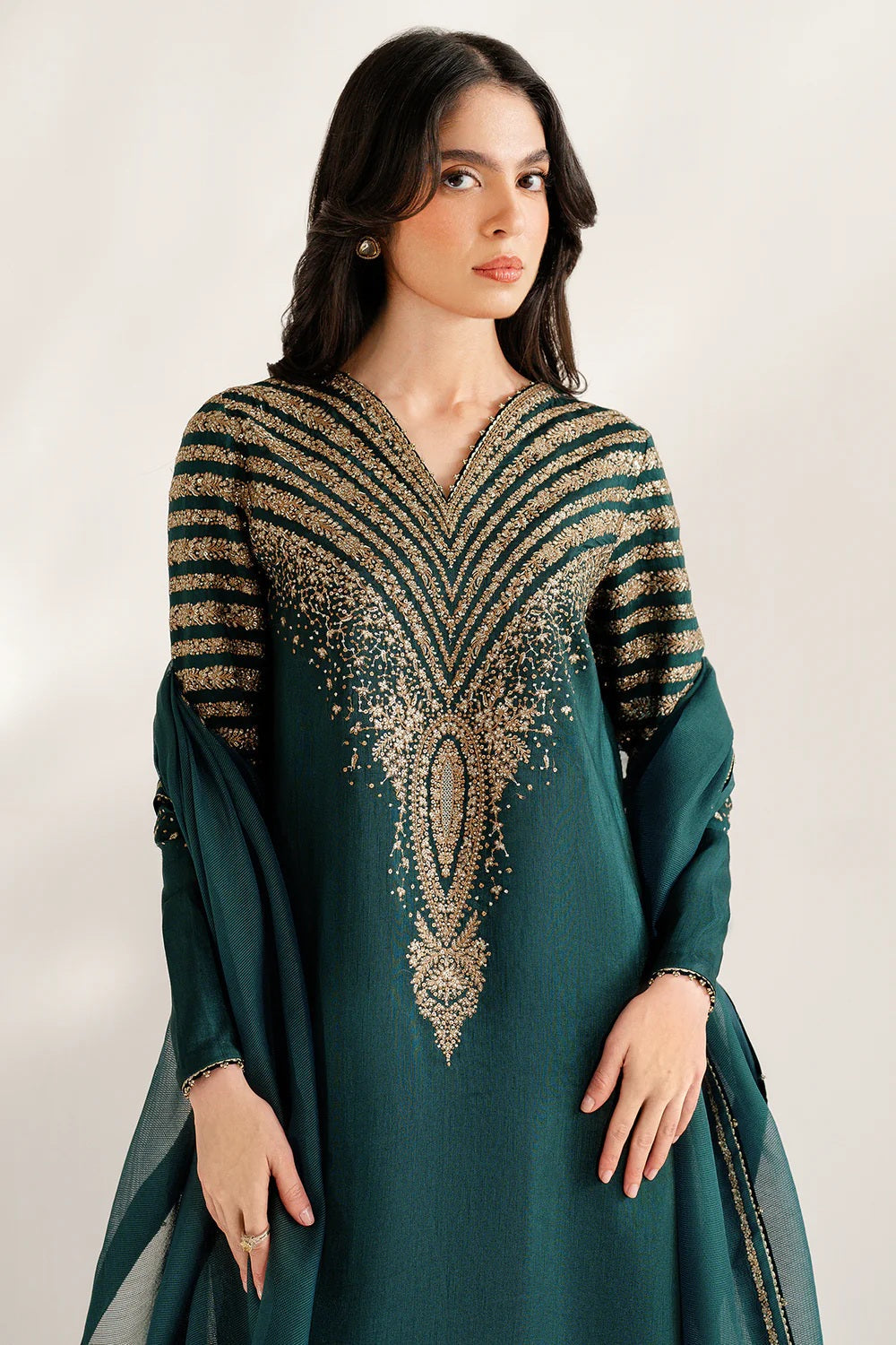 03 Piece Embroidered  Raw Silk Suit - Ready  To Wear