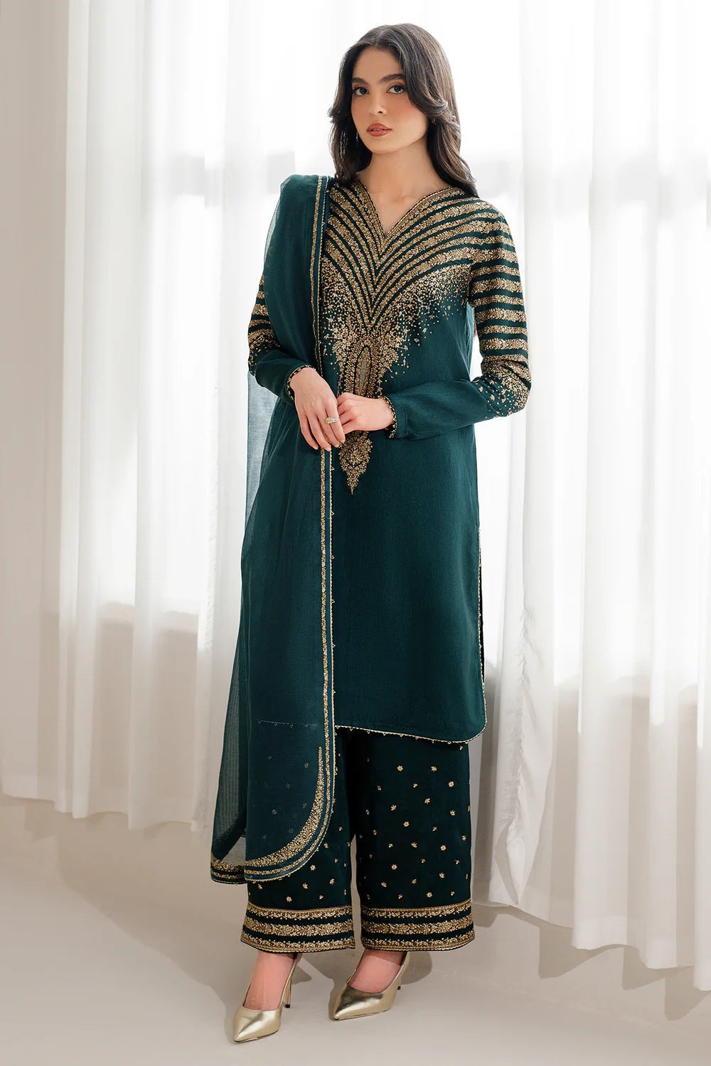 03 Piece Embroidered  Raw Silk Suit - Ready  To Wear