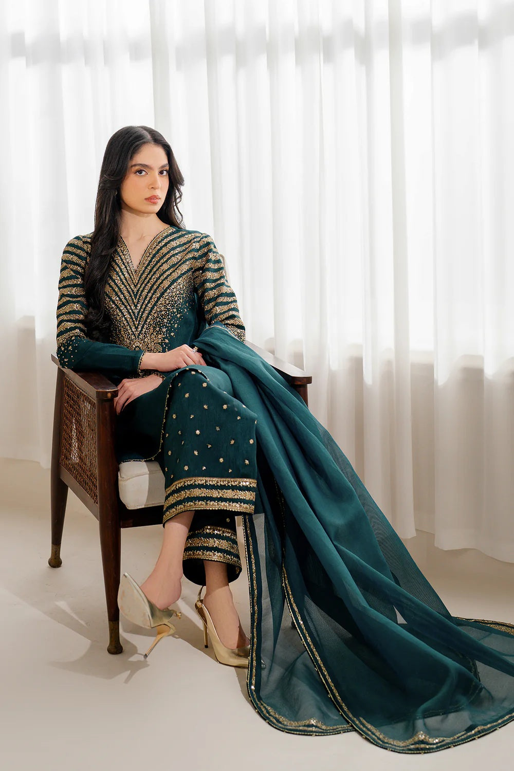 03 Piece Embroidered  Raw Silk Suit - Ready  To Wear