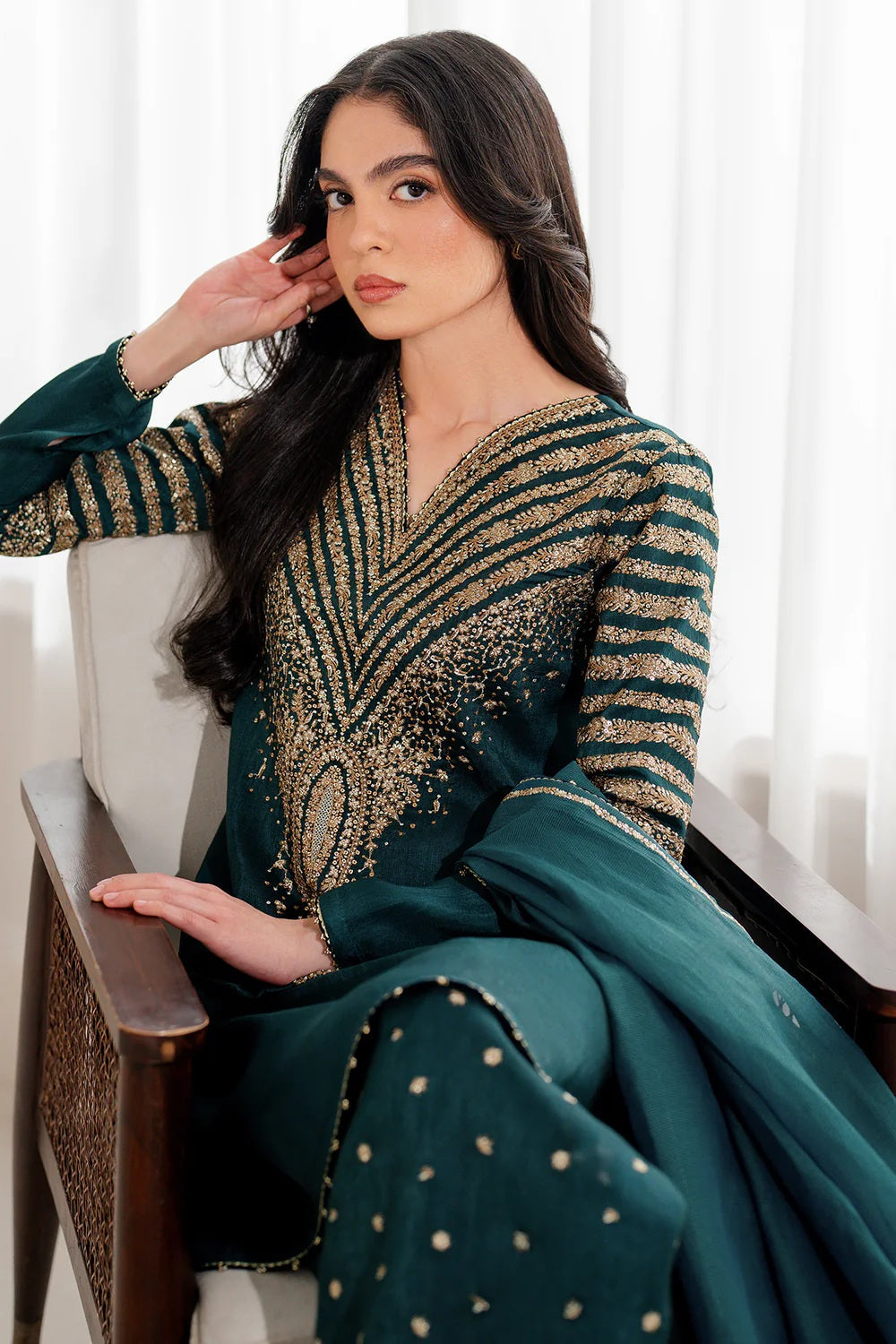 03 Piece Embroidered  Raw Silk Suit - Ready  To Wear