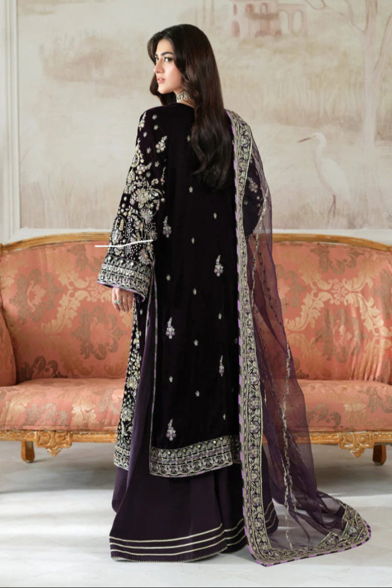 Dark Purple Velvet Heavy Adda Work 3-Piece Suit | Ready To Wear