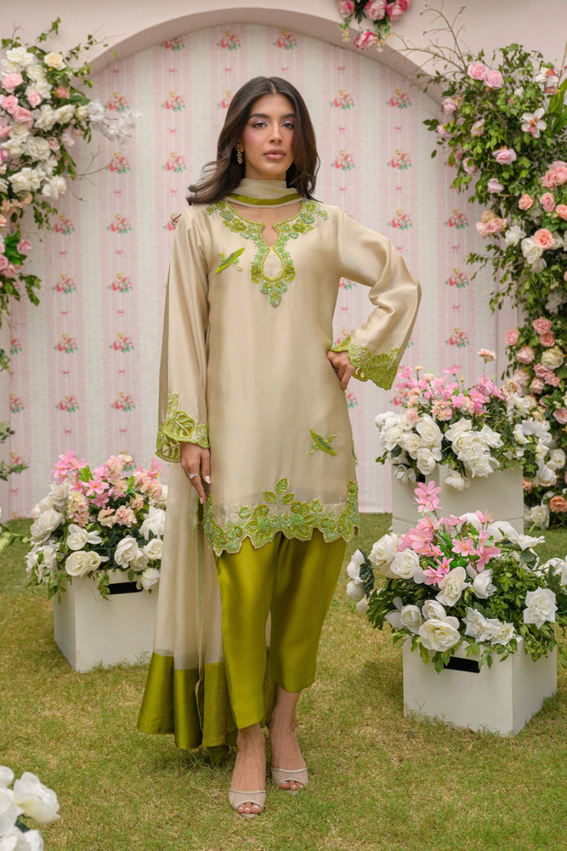 Beige & Olive Green Sequence Embroidered Silk 3-Piece Suit | Ready to Wear