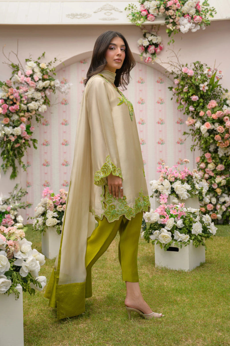Beige & Olive Green Sequence Embroidered Silk 3-Piece Suit | Ready to Wear
