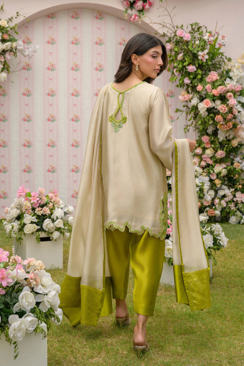 Beige & Olive Green Sequence Embroidered Silk 3-Piece Suit | Ready to Wear