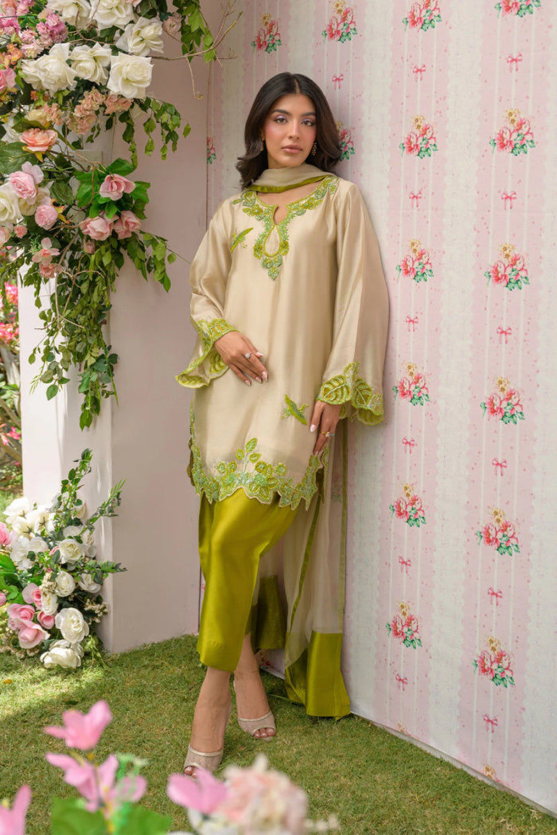Beige & Olive Green Sequence Embroidered Silk 3-Piece Suit | Ready to Wear