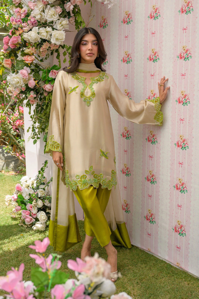 Beige & Olive Green Sequence Embroidered Silk 3-Piece Suit | Ready to Wear