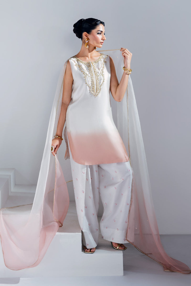 Ivory & Soft Pink Shamooz Silk Tie & Dye 3-Piece Suit | Ready to Wear