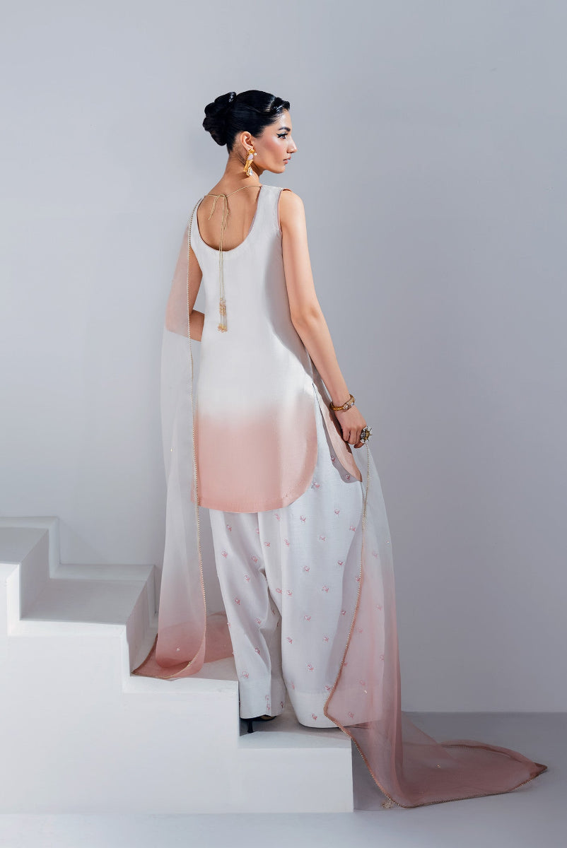 Ivory & Soft Pink Shamooz Silk Tie & Dye 3-Piece Suit | Ready to Wear