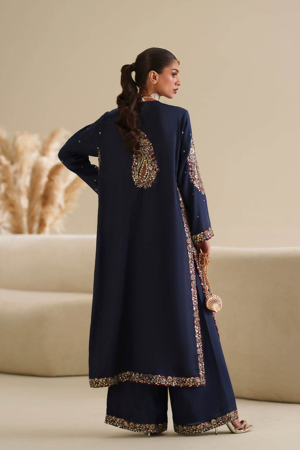03-Piece Heavy Embroidered Shamoz Silk Kaftan Suit - Ready To Wear