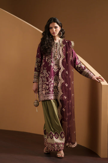 03-Piece Heavy Embroidered Raw Silk Suit - Ready To Wear