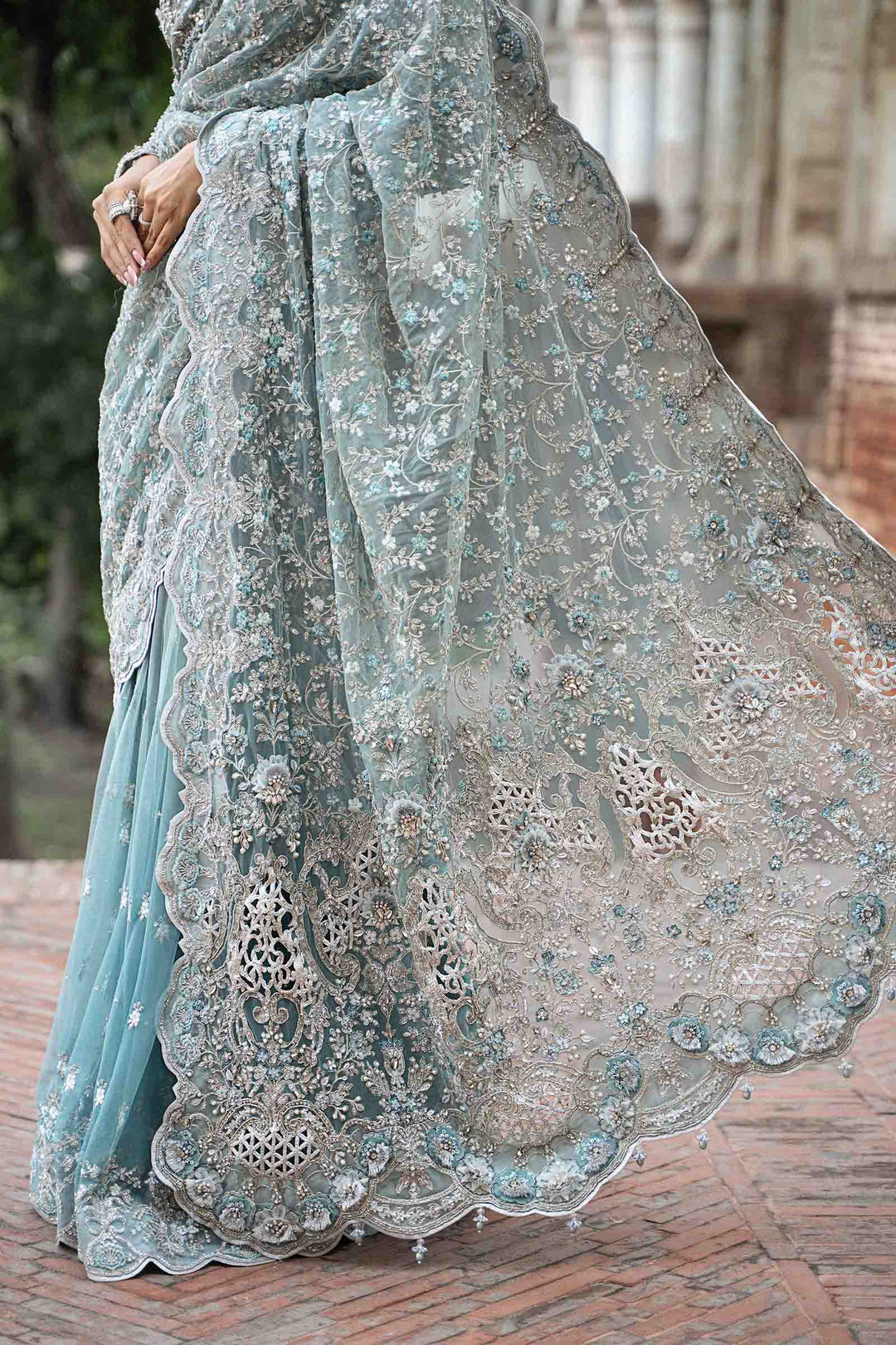 Ice Blue - Net Saree With Heavy Embroidery | Ready To Wear