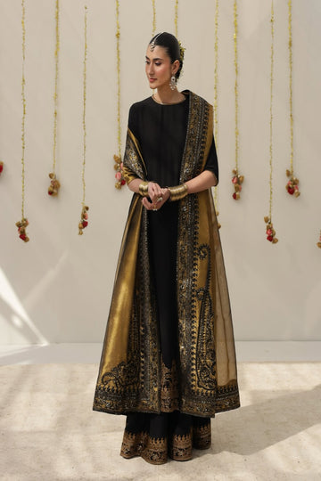 Luxury Shamoz Silk Kaftan Collection in Black & Gold with 4-Side Embroidered