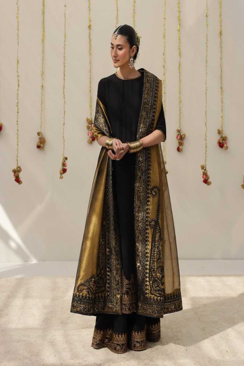 Luxury Shamoz Silk Kaftan Collection in Black & Gold with 4-Side Embroidered
