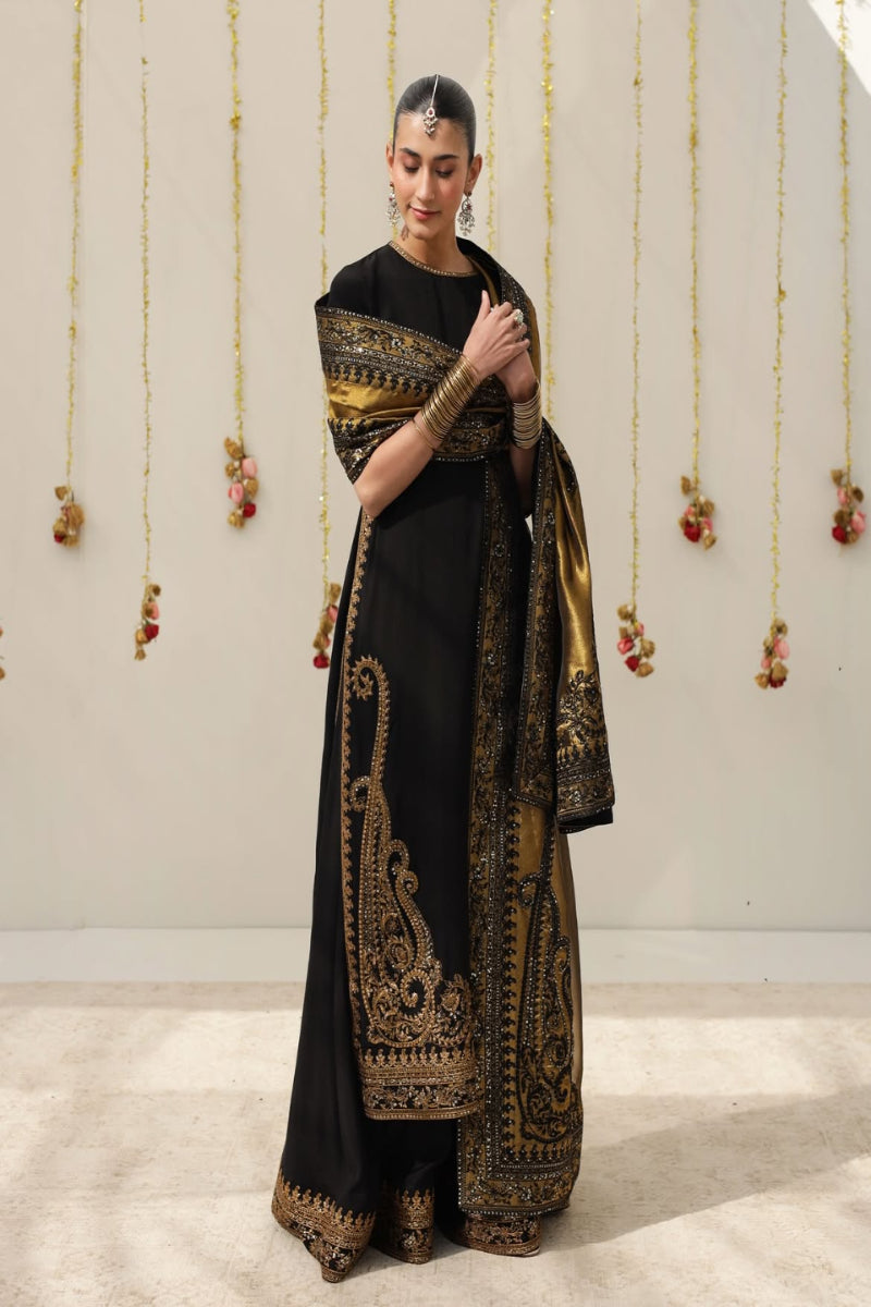 Luxury Shamoz Silk Kaftan Collection in Black & Gold with 4-Side Embroidered