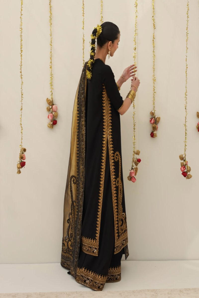 Luxury Shamoz Silk Kaftan Collection in Black & Gold with 4-Side Embroidered