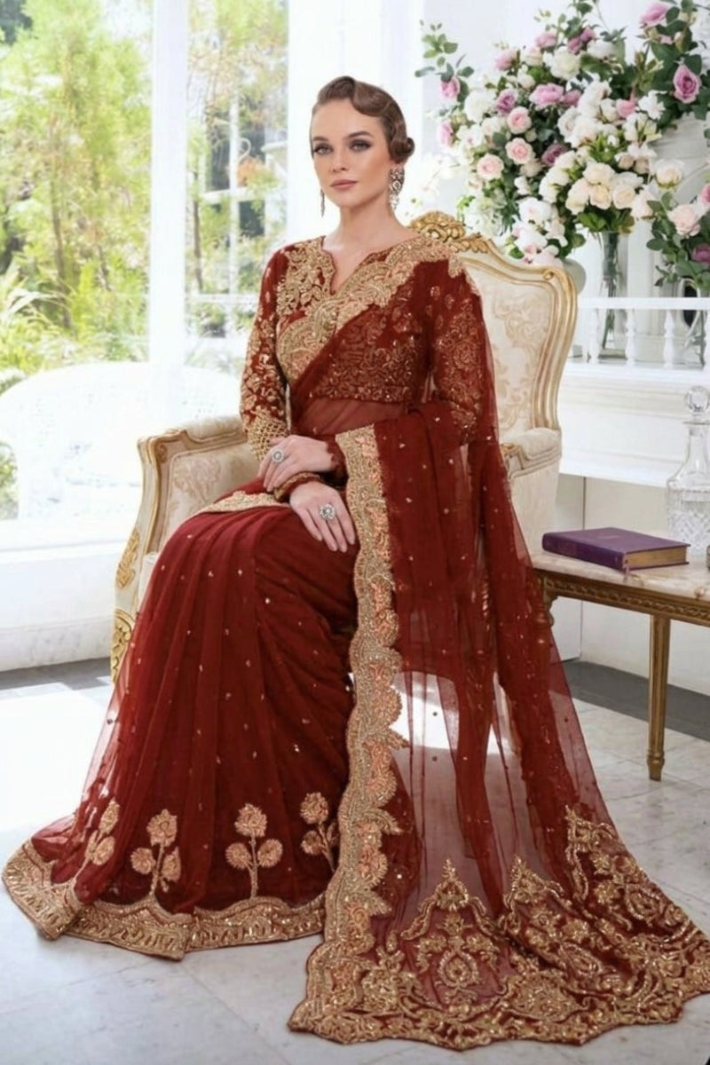 Maroon Heavy Embroidered Net Saree with Adda Work & Cutwork Borders