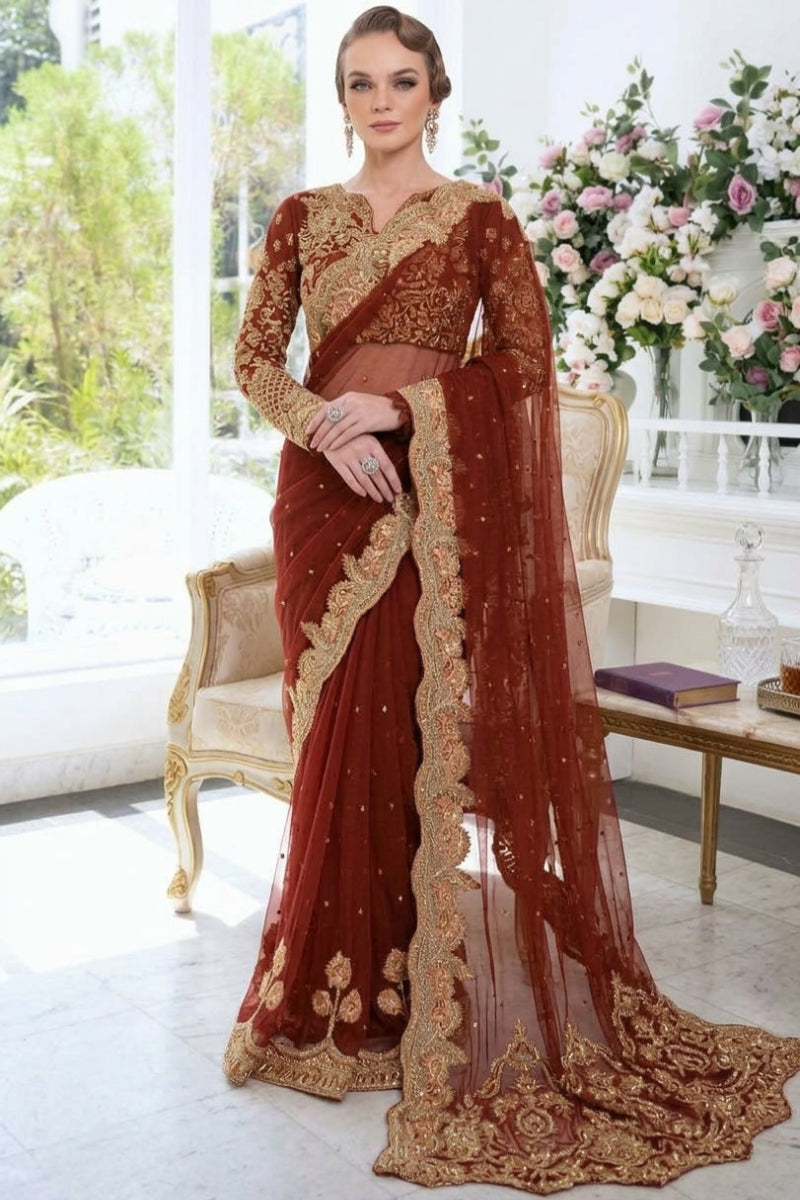 Maroon Heavy Embroidered Net Saree with Adda Work & Cutwork Borders