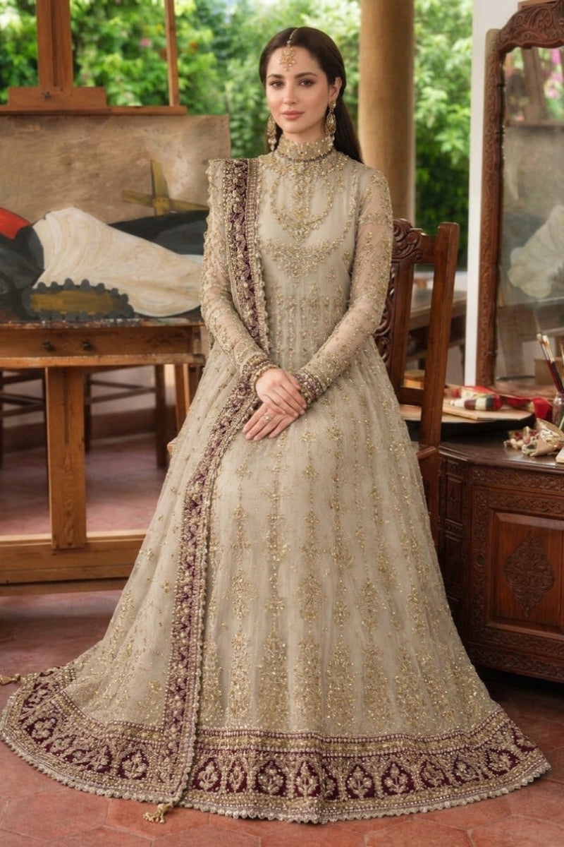 Heavy Embroidered Net 8-Kali Frock Maxi Suit with Handwork | Ready to Wear