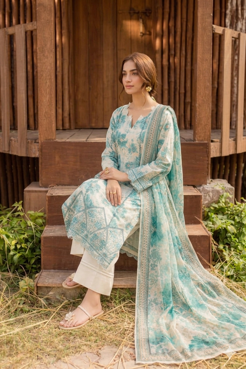 03-Piece Printed Lawn Suit With Chiffon Dupatta | Ready To Wear