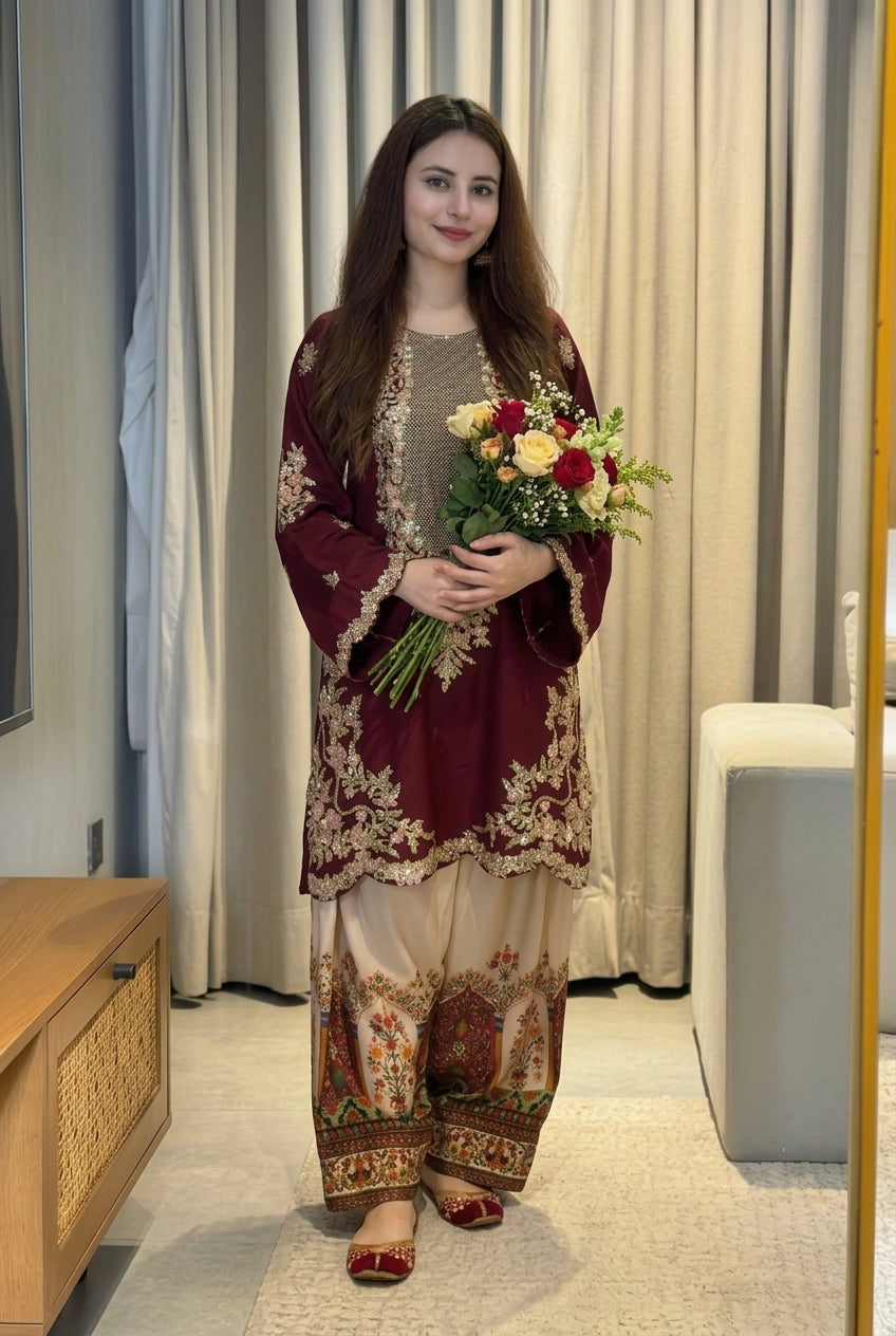 02-Piece Premium Embroidered Silk Suit – Ready To Wear