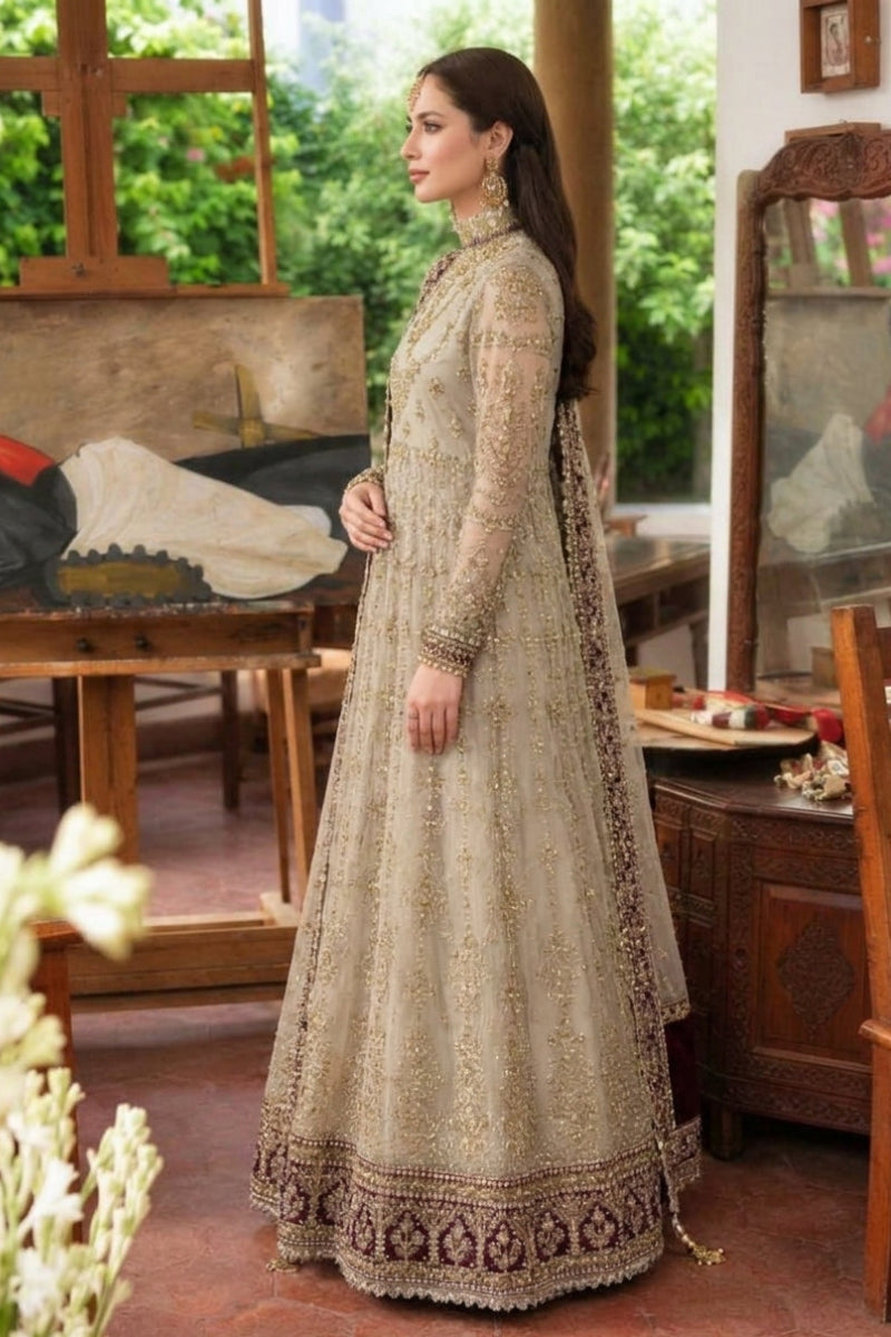 Heavy Embroidered Net 8-Kali Frock Maxi Suit with Handwork | Ready to Wear