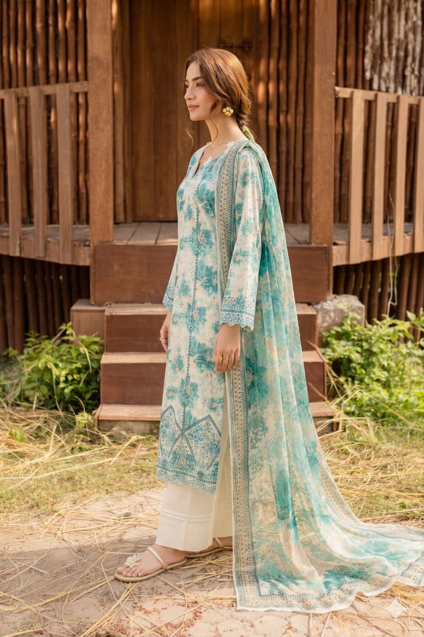03-Piece Printed Lawn Suit With Chiffon Dupatta | Ready To Wear