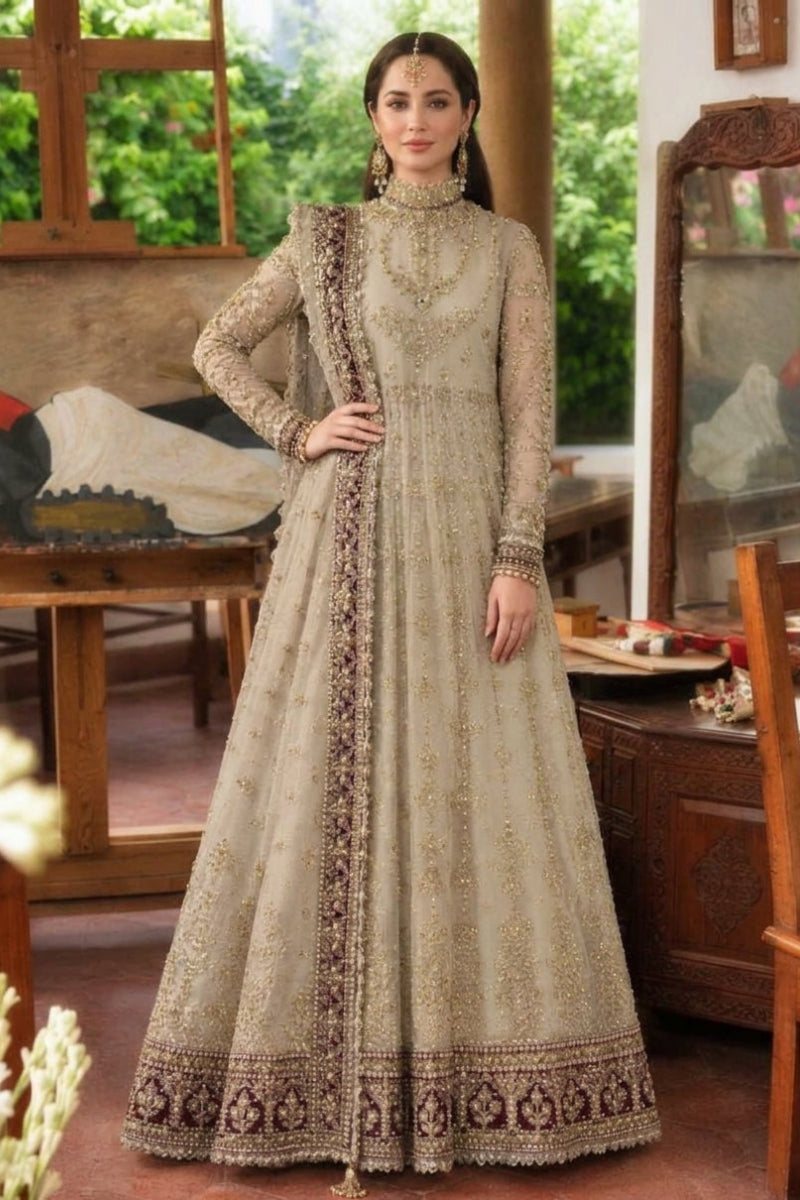 Heavy Embroidered Net 8-Kali Frock Maxi Suit with Handwork | Ready to Wear