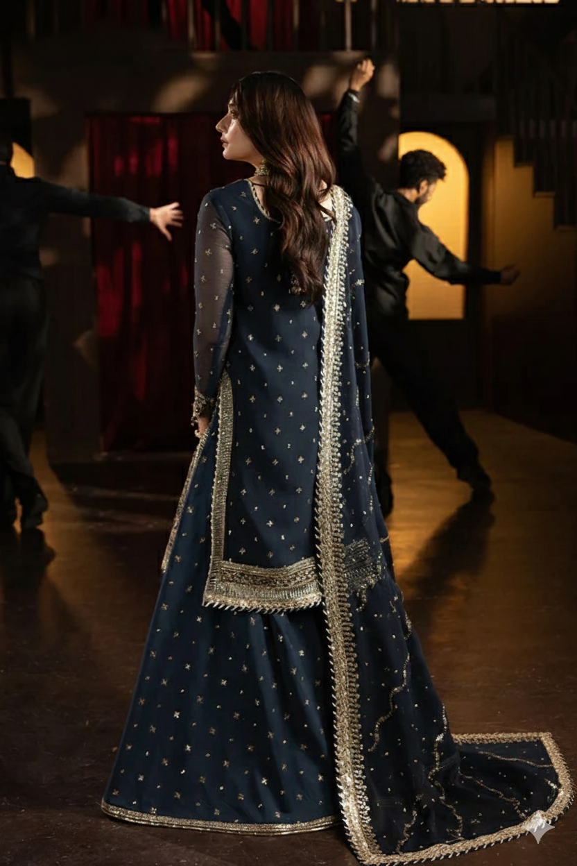 3 Piece Stitched Chiffon  Gharara Suit - Ready to Wear