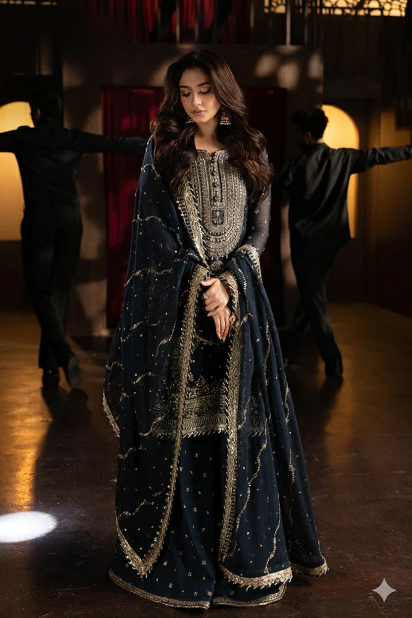 3 Piece Stitched Chiffon  Gharara Suit - Ready to Wear