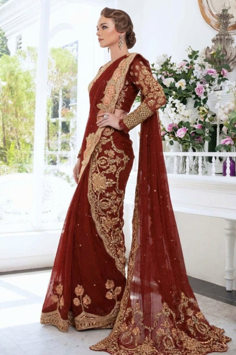 Maroon Heavy Embroidered Net Saree with Adda Work & Cutwork Borders