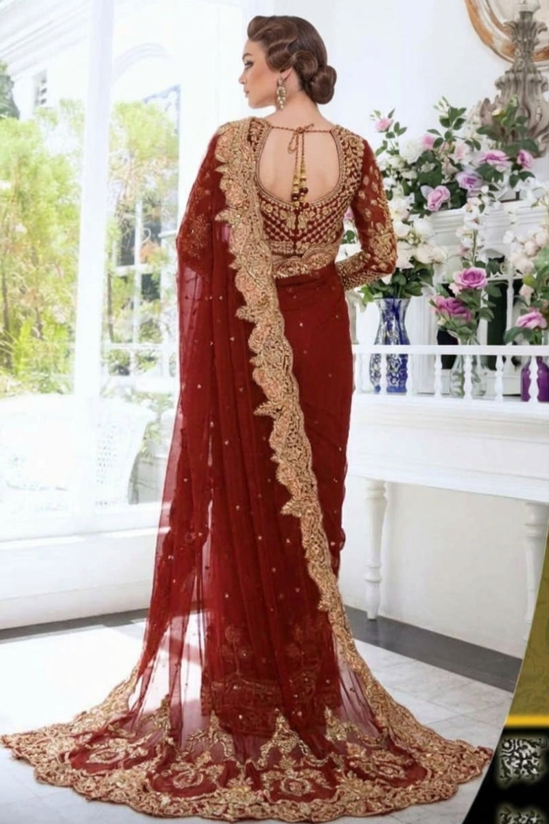 Maroon Heavy Embroidered Net Saree with Adda Work & Cutwork Borders