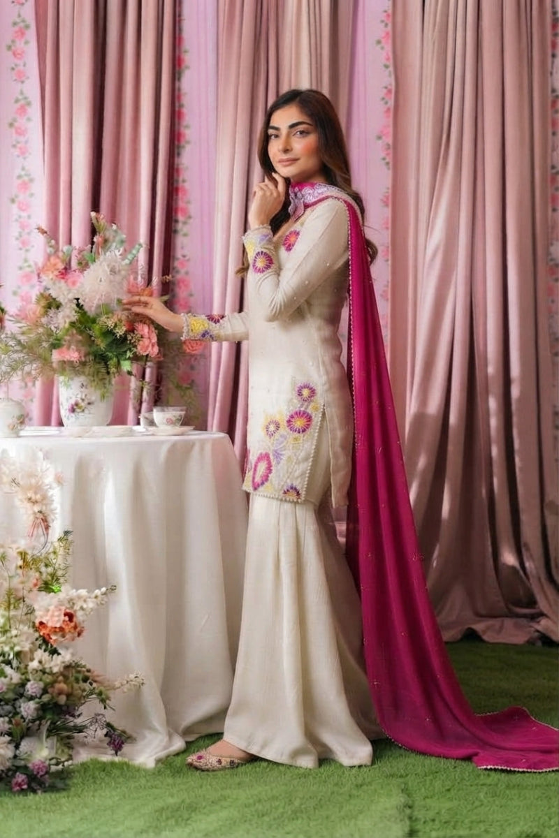 Multi Floral Luxury Shamoz Silk 3-Piece Suit | ready to  wear