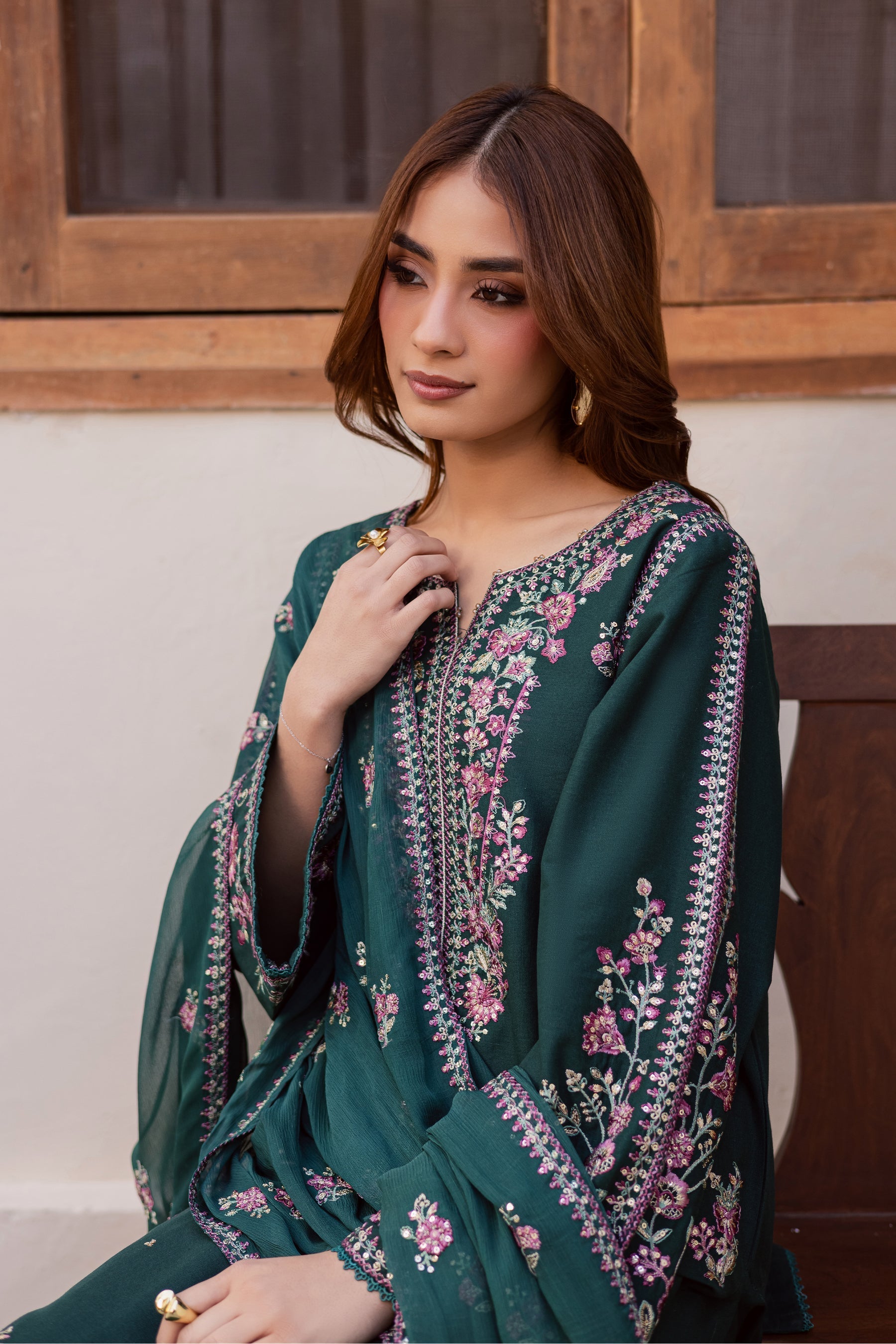 03-Piece Embroidered Raw Silk Suit - Ready to Wear
