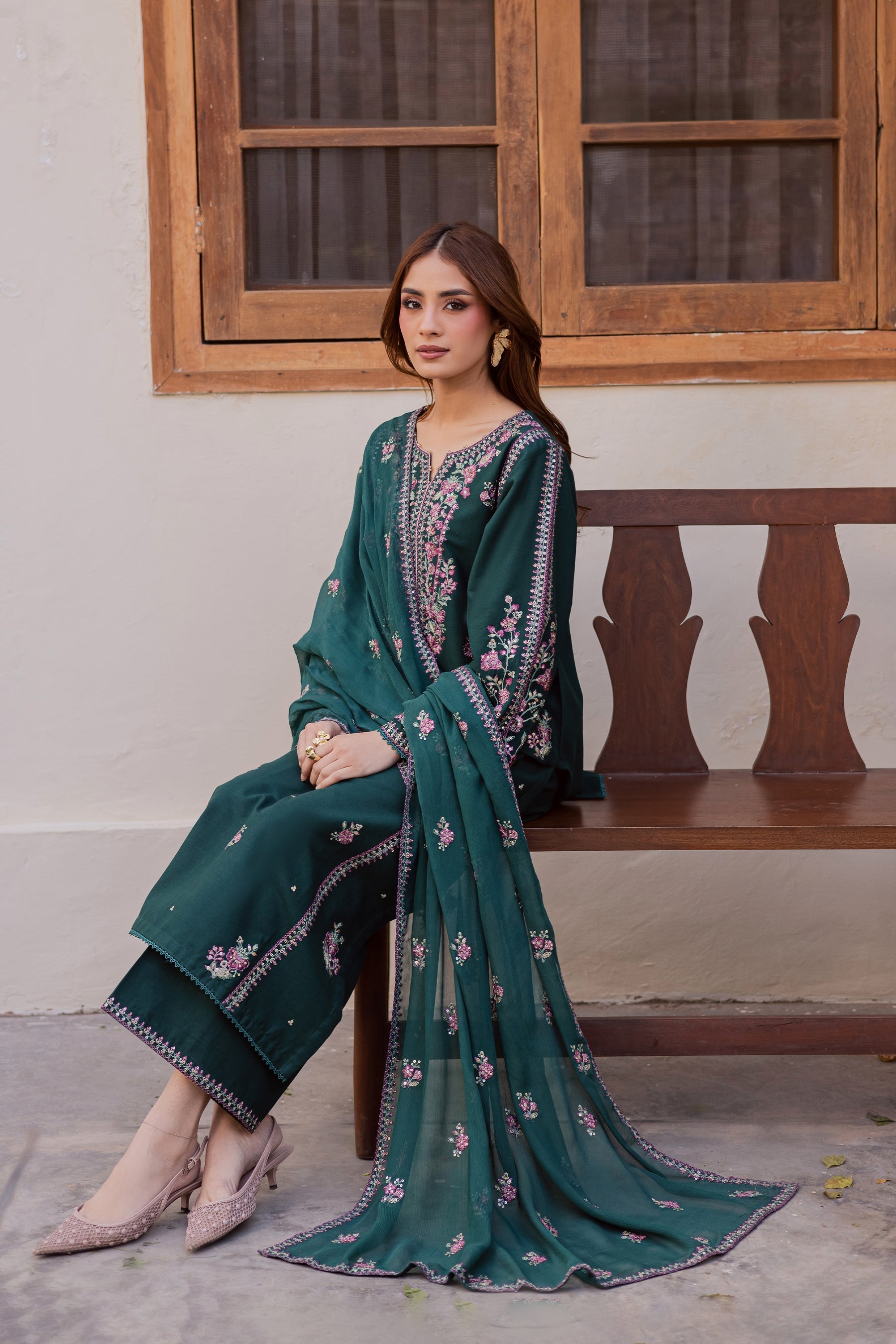 03-Piece Embroidered Raw Silk Suit - Ready to Wear