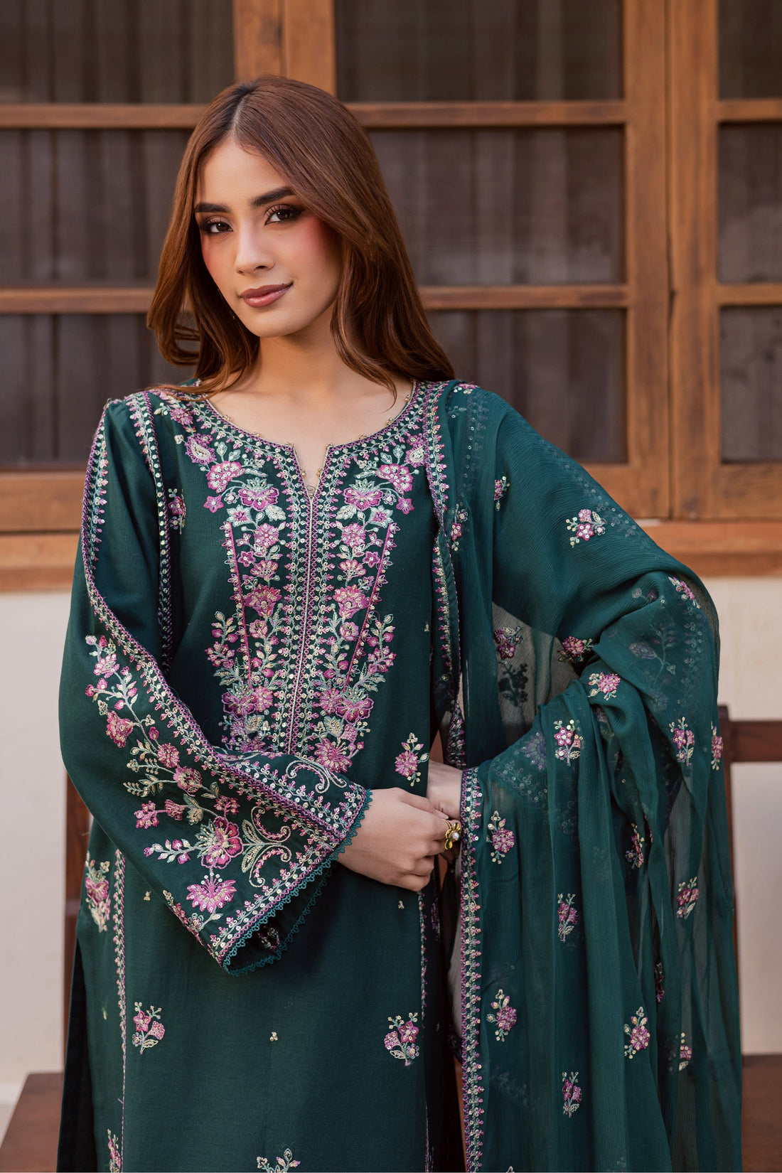03-Piece Embroidered Raw Silk Suit - Ready to Wear