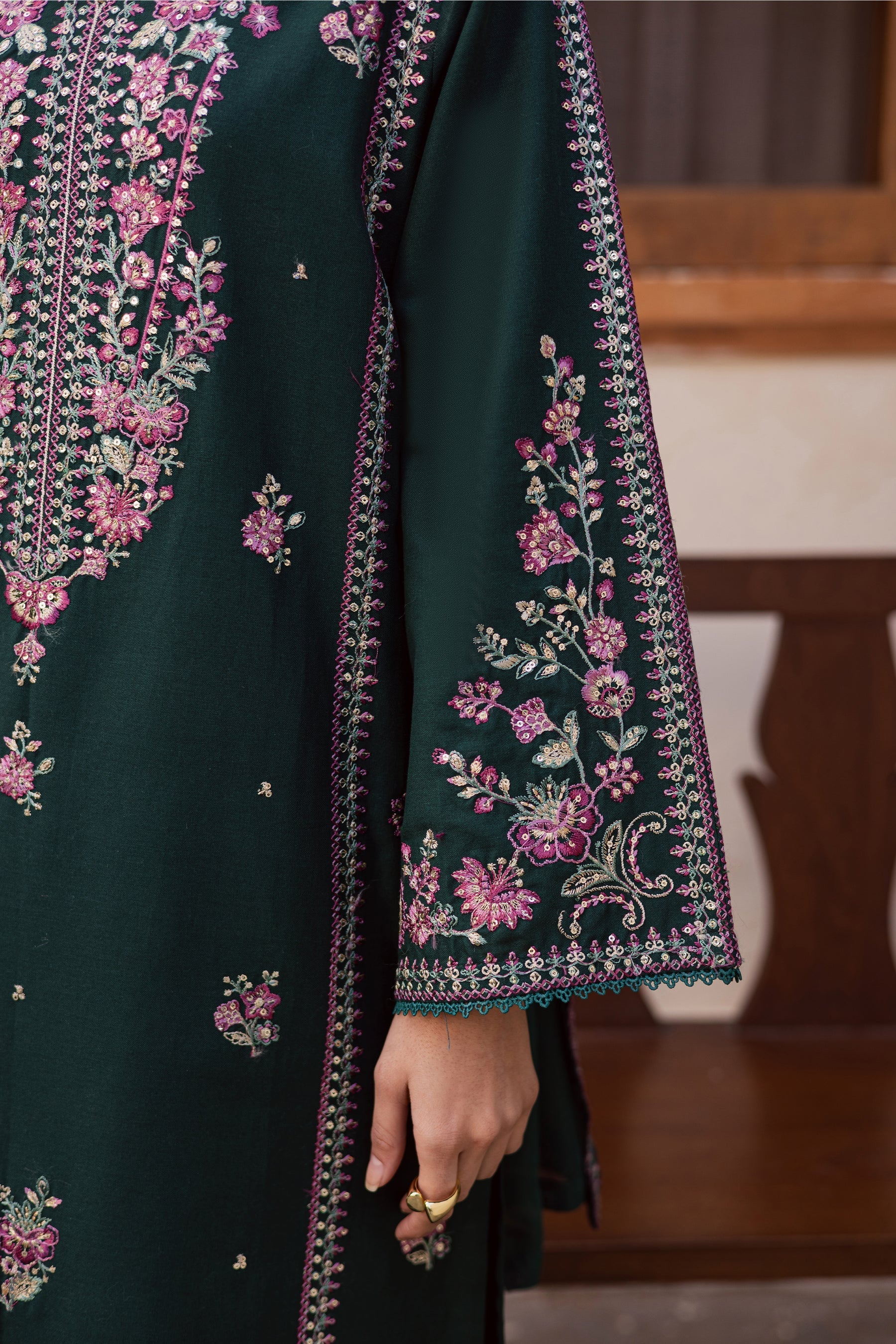 03-Piece Embroidered Raw Silk Suit - Ready to Wear