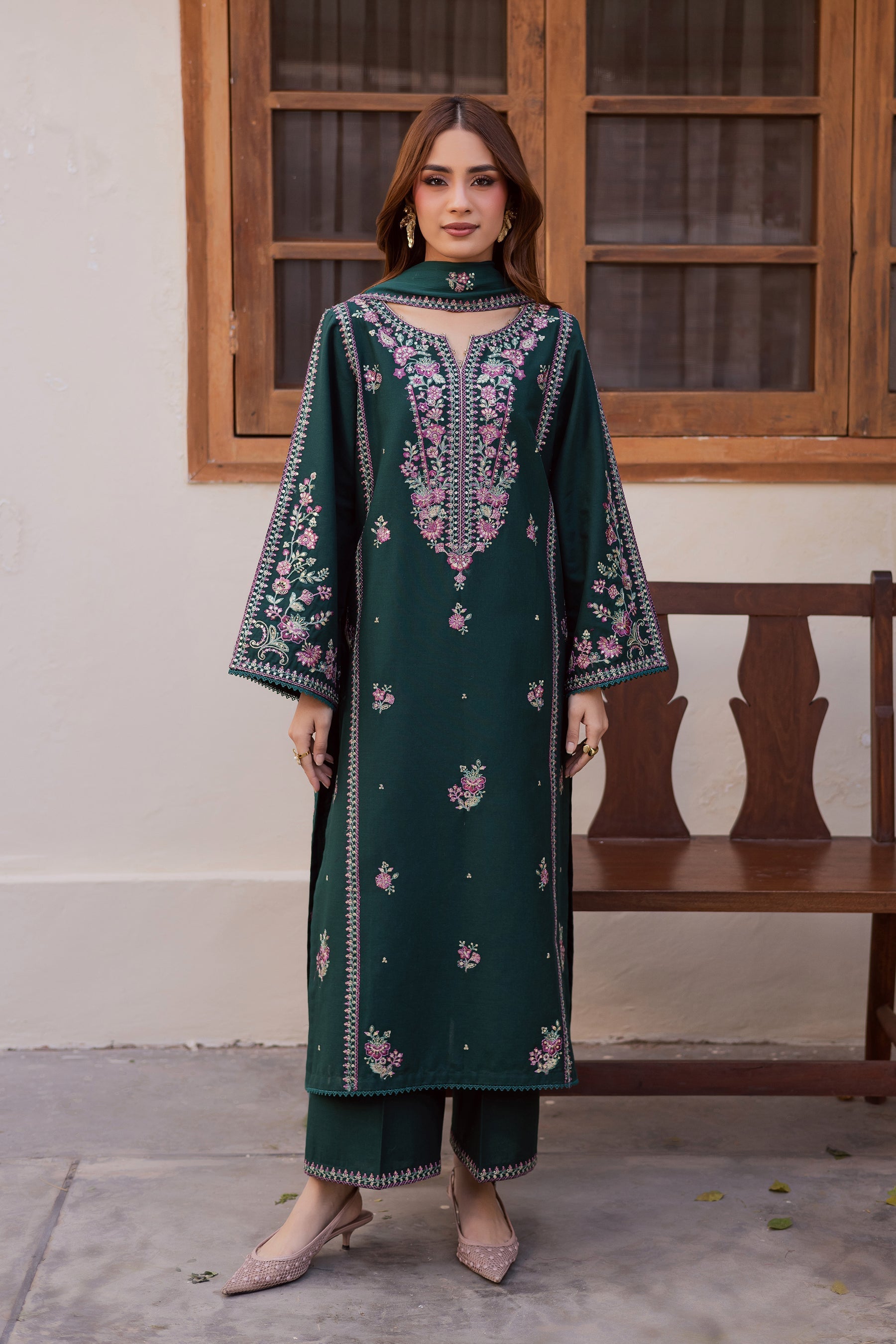 03-Piece Embroidered Raw Silk Suit - Ready to Wear