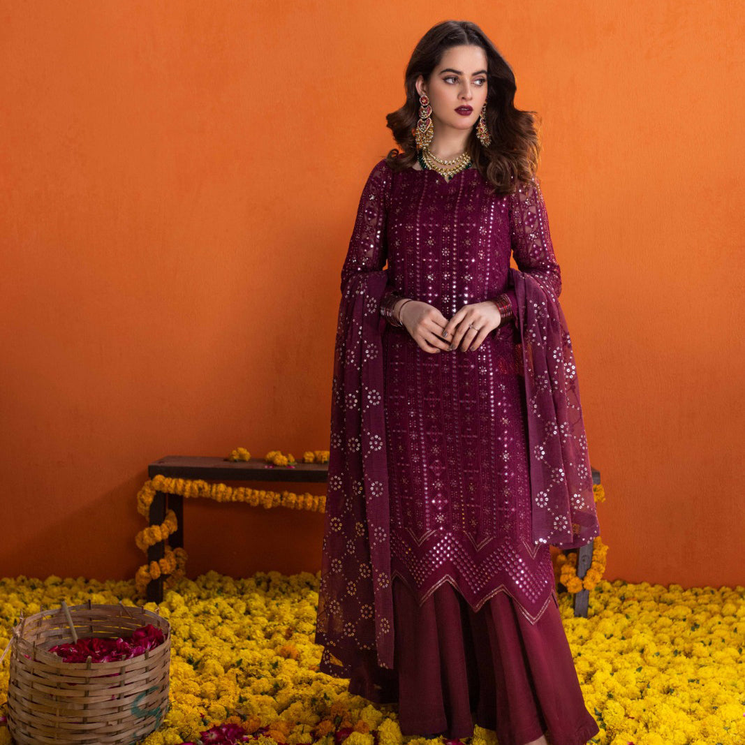 03-Piece Sequence Embroidered Chiffon Suit - Ready To Wear
