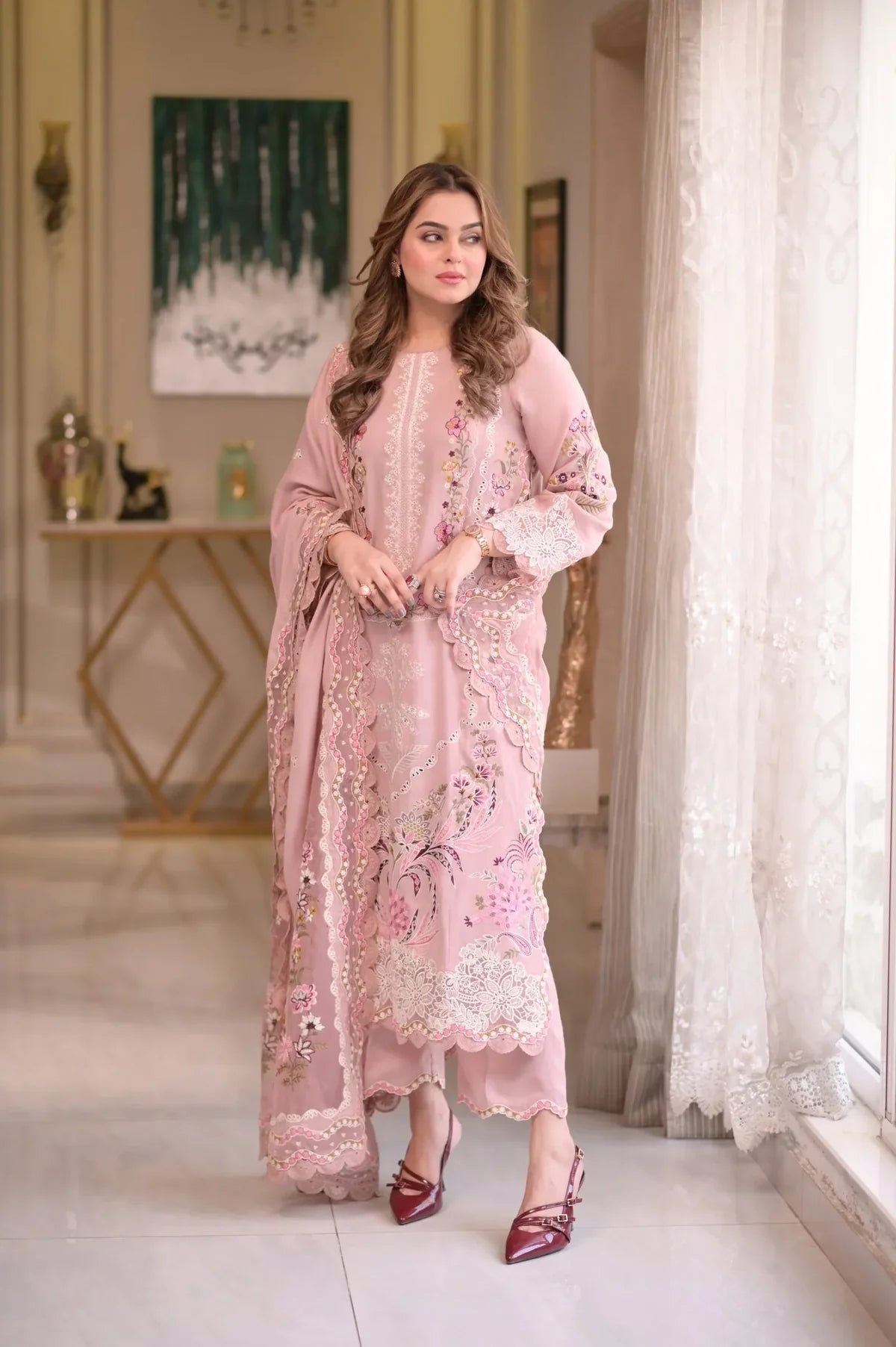 03-Piece Embroidered Cotton Suit With Net Dupatta | Ready To Wear