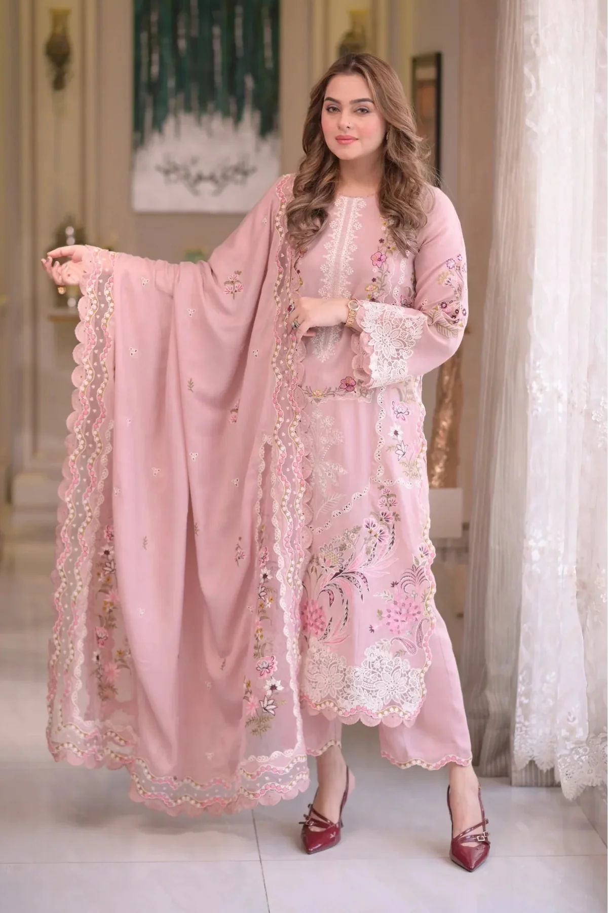 03-Piece Embroidered Cotton Suit With Net Dupatta | Ready To Wear