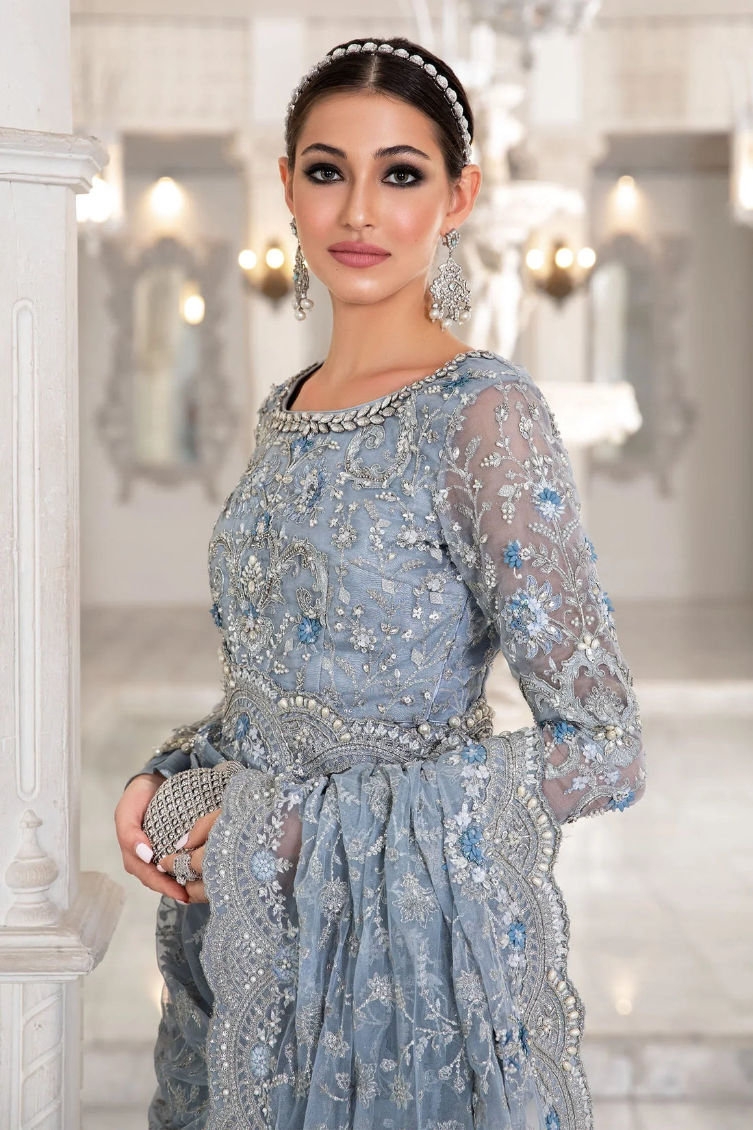 Sky Blue - Heavy Embroidery Net Saree | Ready to wear