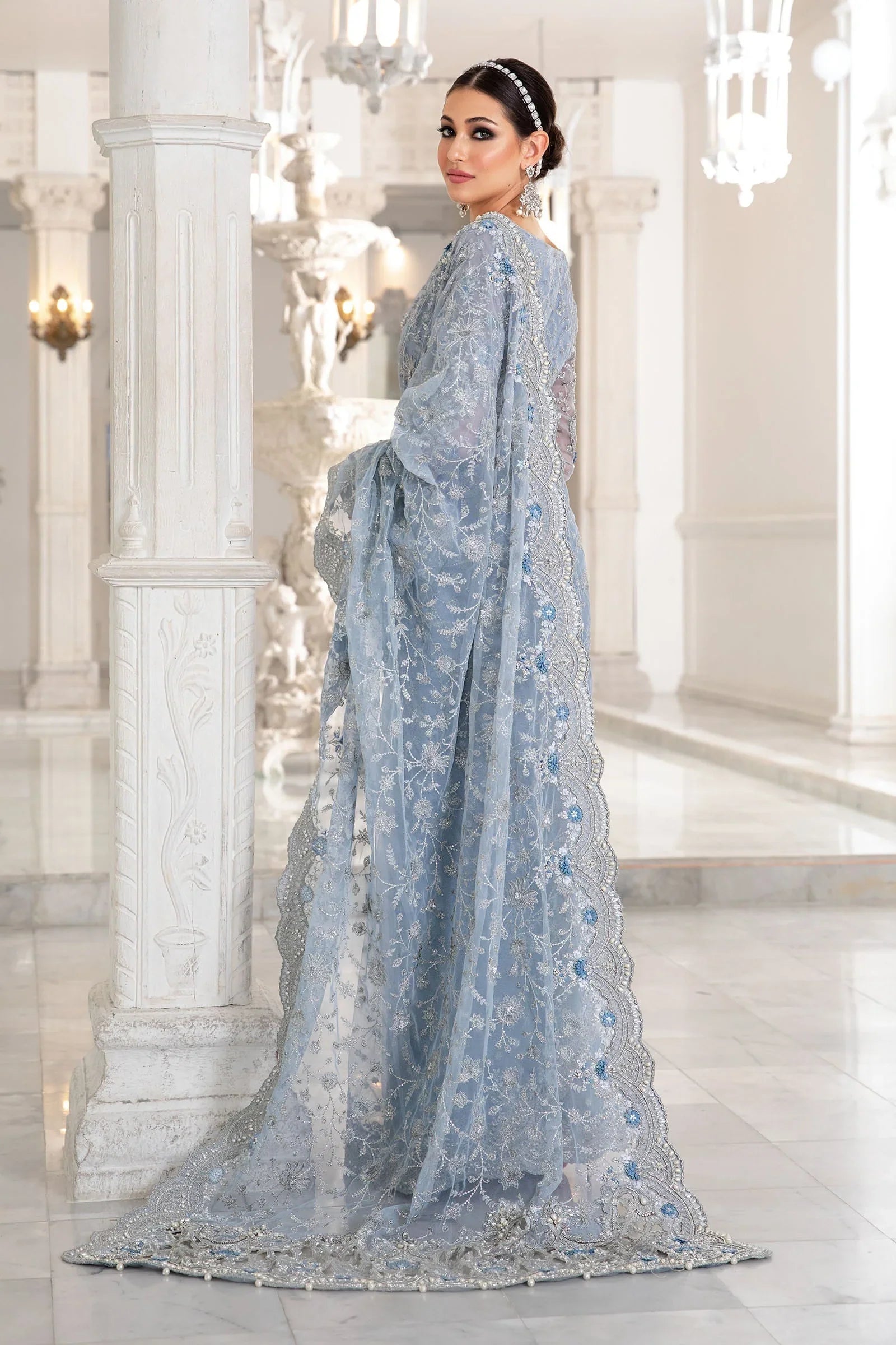 Sky Blue - Heavy Embroidery Net Saree | Ready To Wear