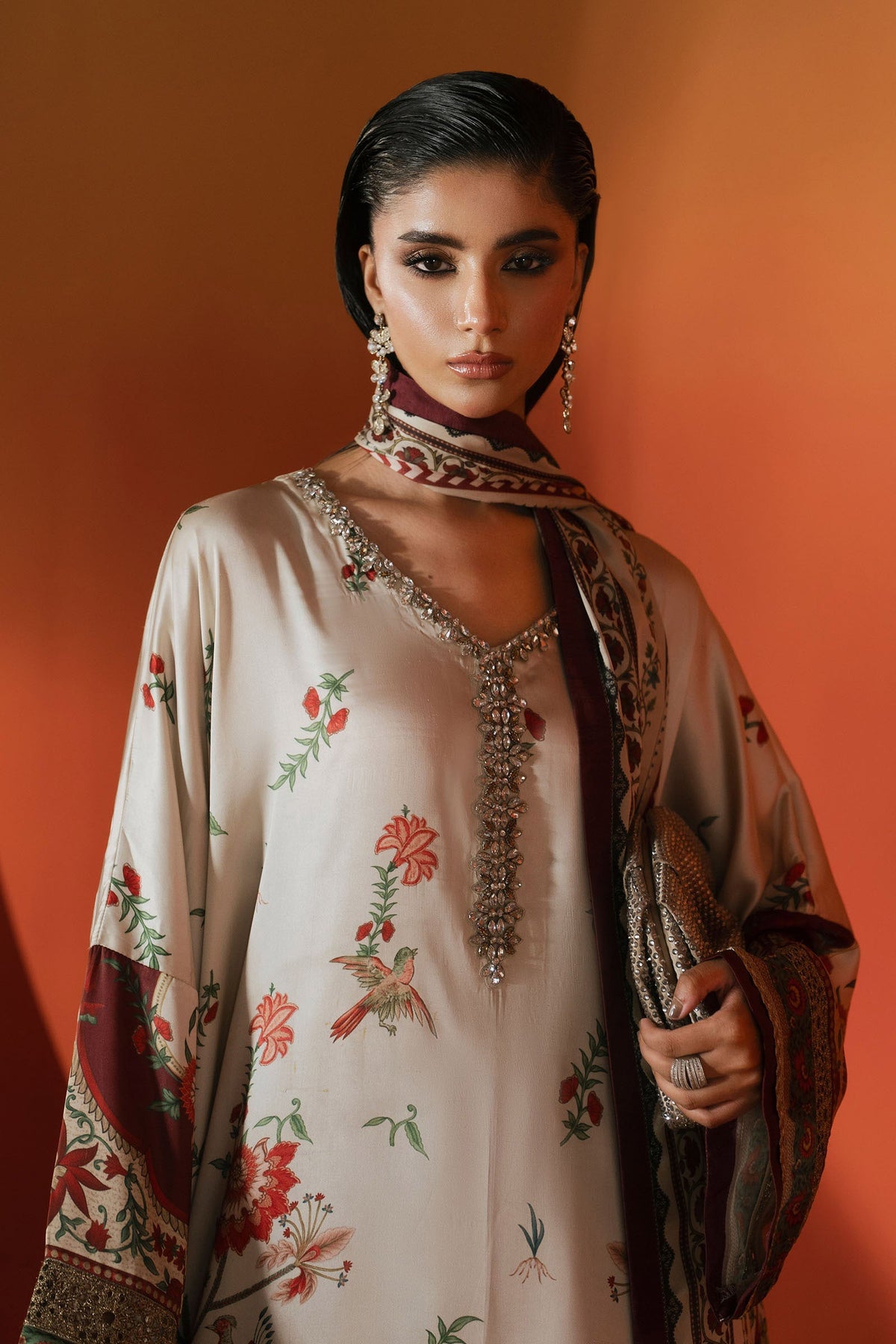 03-Piece Printed Charmeuse Silk Kaftan Suit - Ready To Wear