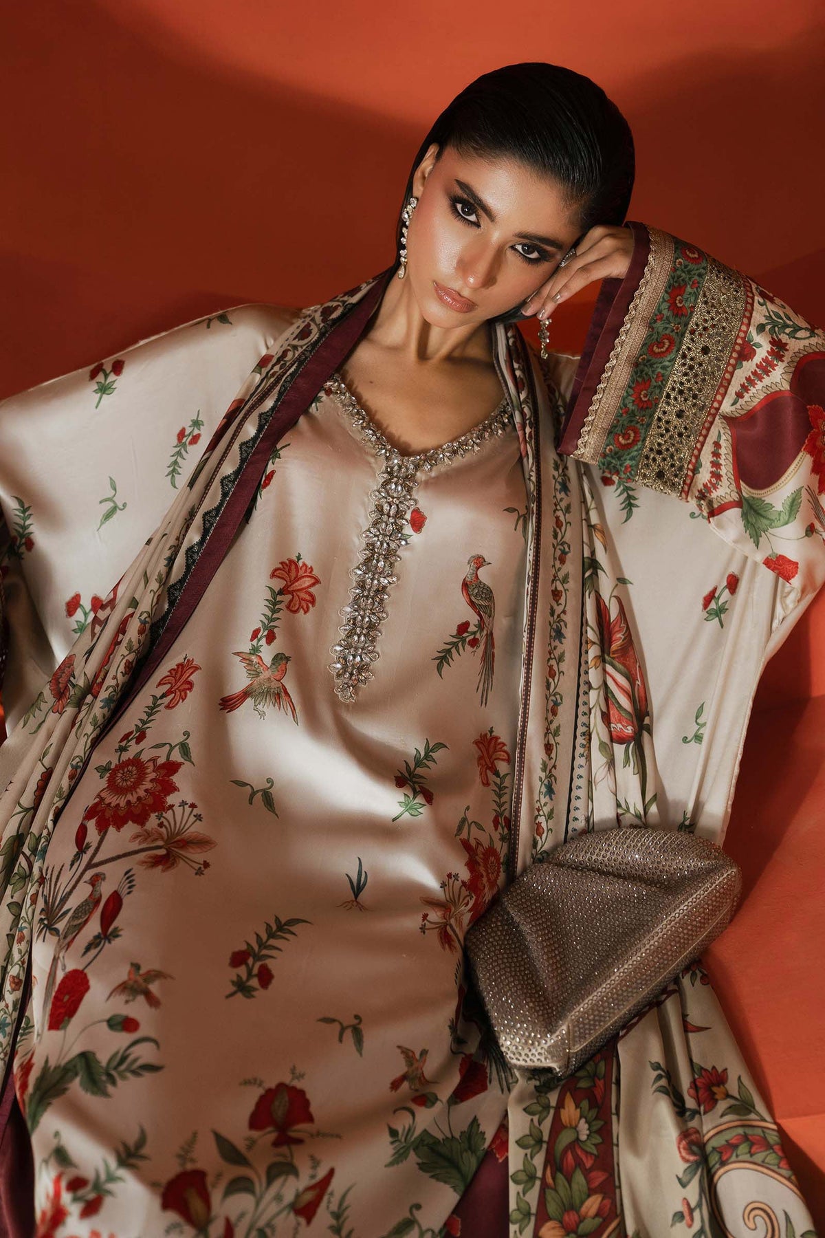 03-Piece Printed Charmeuse Silk Kaftan Suit - Ready To Wear