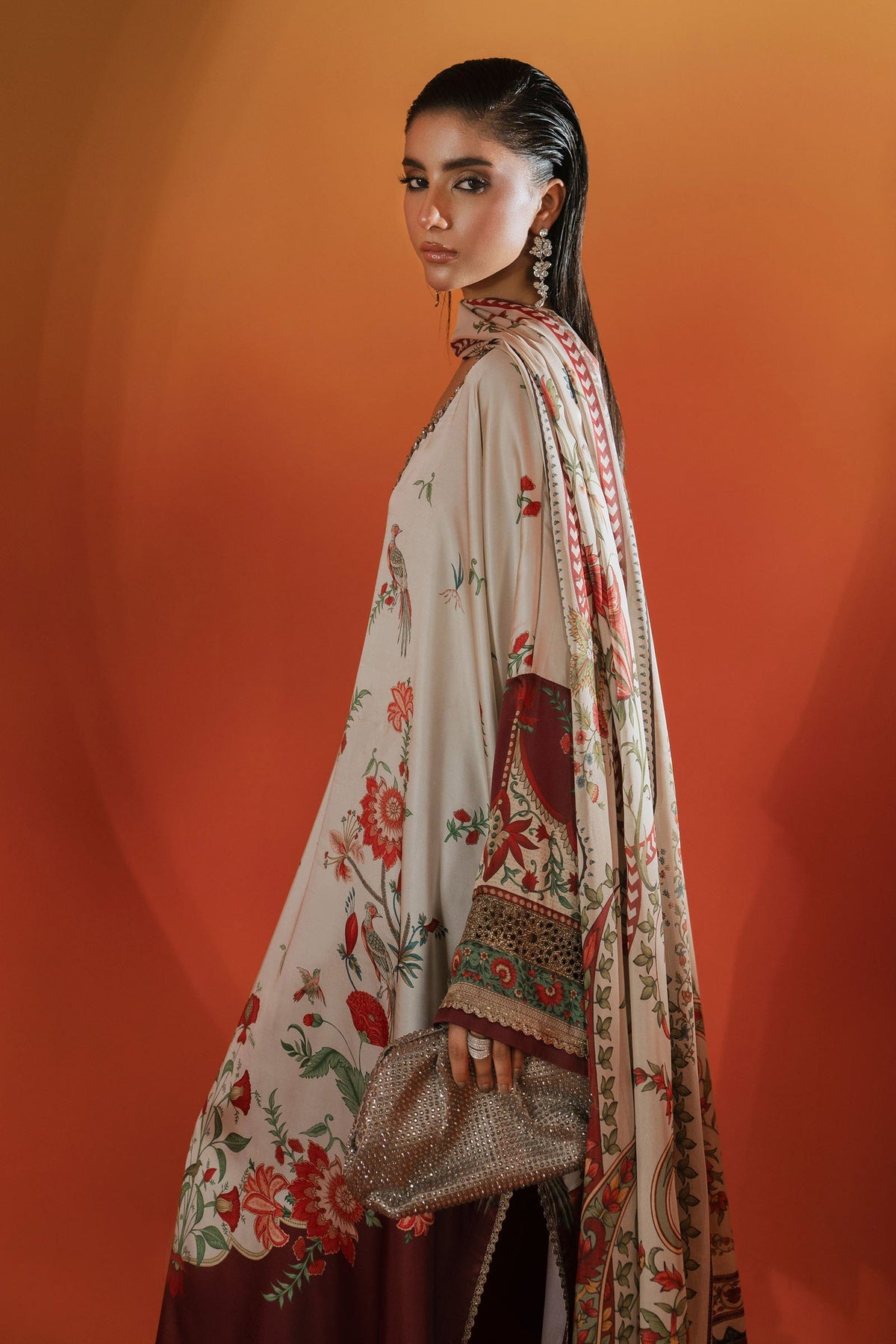 03-Piece Printed Charmeuse Silk Kaftan Suit - Ready To Wear