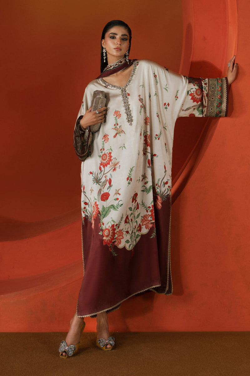 03-Piece Printed Charmeuse Silk Kaftan Suit - Ready To Wear